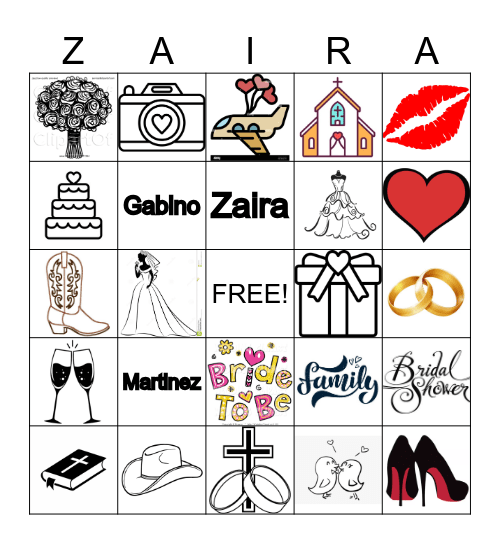 Zaira's Bridal Shower Bingo Card