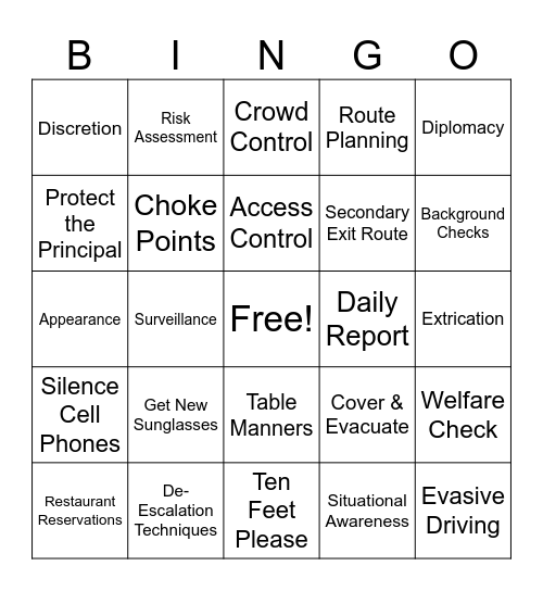 Executive Protection Bingo Card