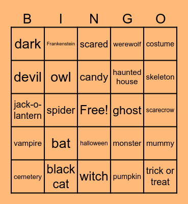 Sample ASL Halloween Bingo Card