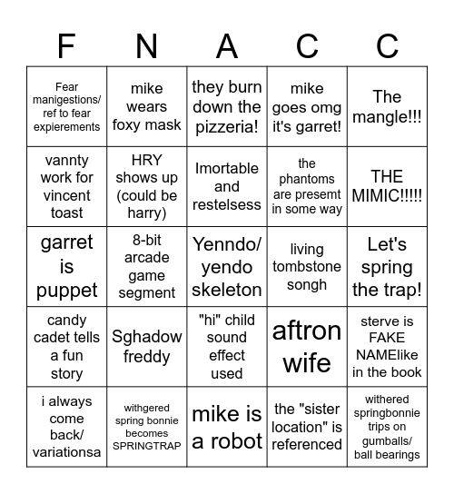 FNAF MOVIE BINGO Card