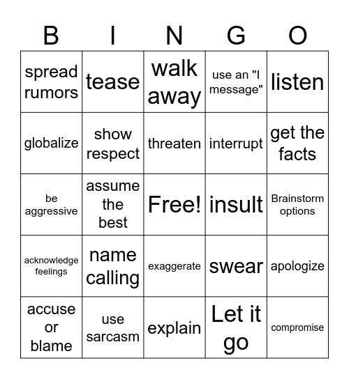 Conflict Starters and Stoppers Bingo Card