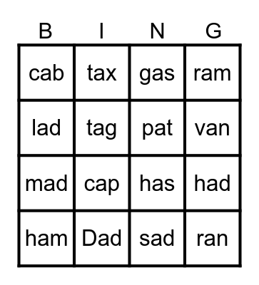 AR Words Bingo Card