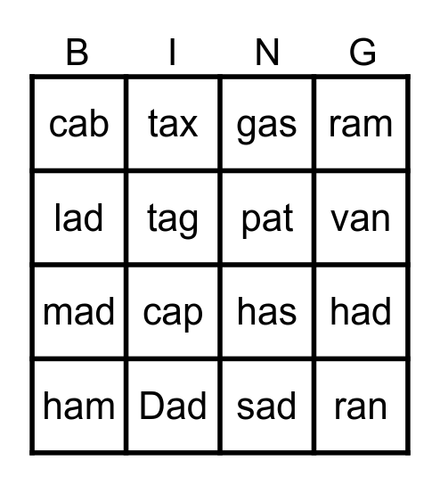 AR Words Bingo Card