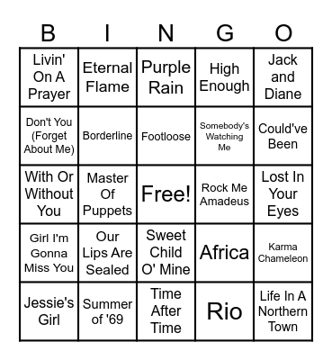 1980s Music Bingo Card