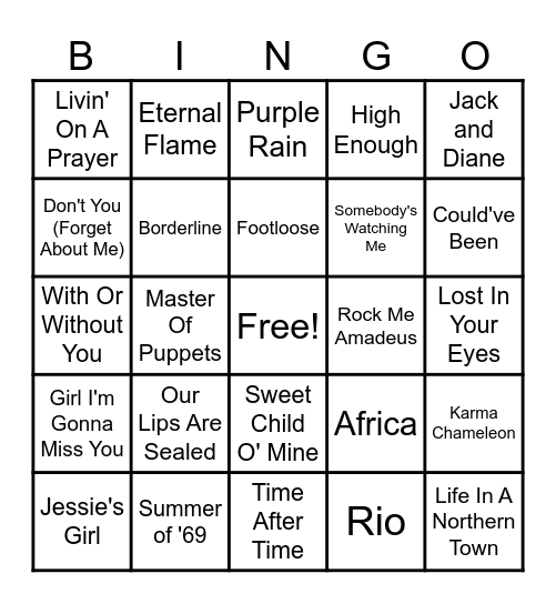 1980s Music Bingo Card