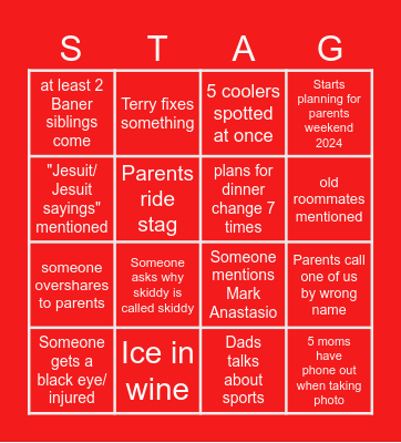 Family Weekend 2023 Bingo Card