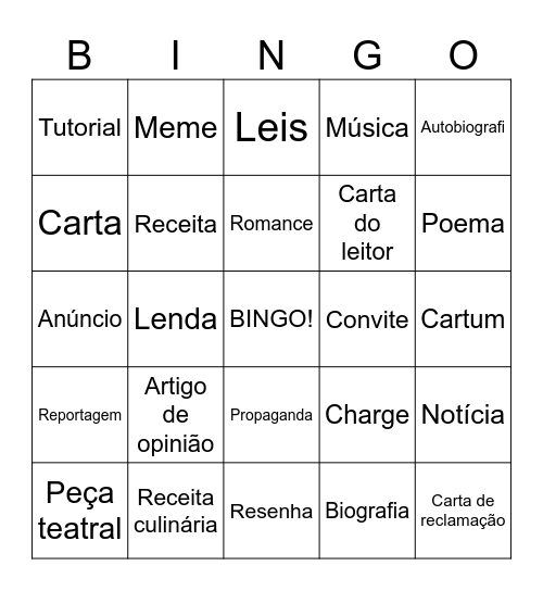 BINGO DOS GÊNEROS TEXTUAIS Bingo Card