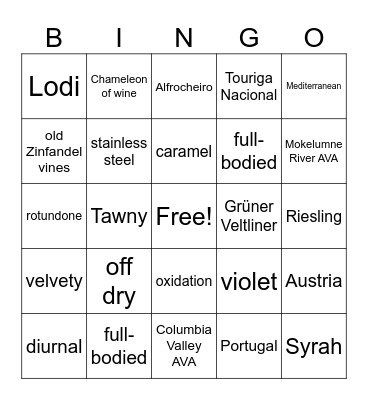 October Wine Dinner Bingo Card