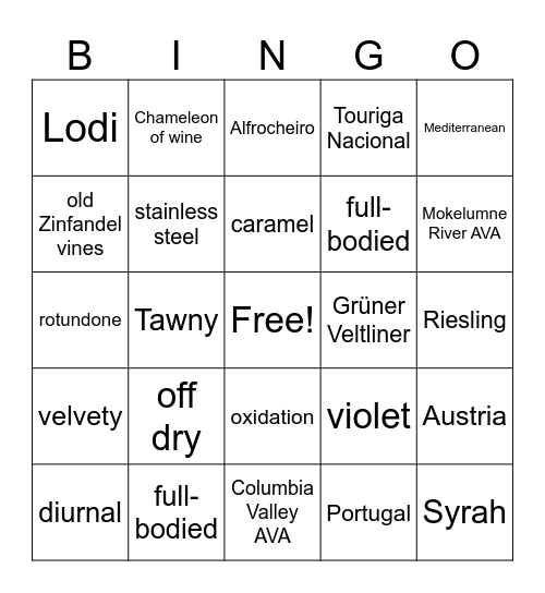 October Wine Dinner Bingo Card