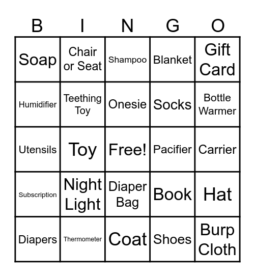 Baby Shower Bingo Card