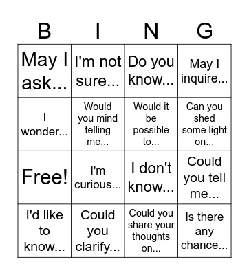 Indirect Questions Bingo Card