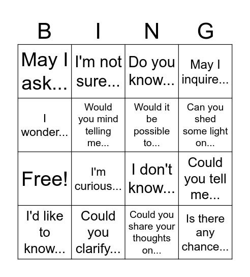 Indirect Questions Bingo Card