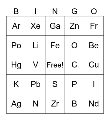 Periodic Table of Elements Bingo Card