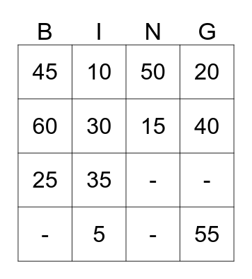 5 X Table Bingo Card