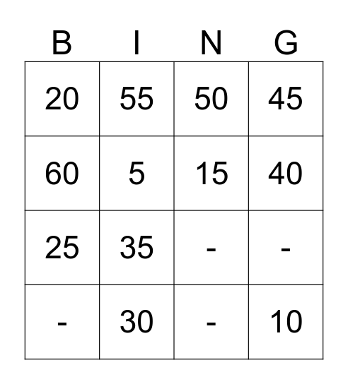 5 X Table Bingo Card