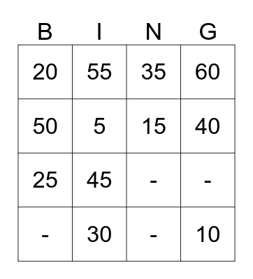 5 X Table Bingo Card
