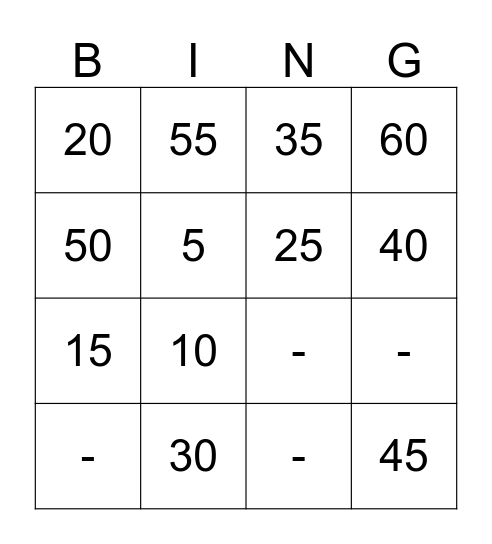 5 X Table Bingo Card