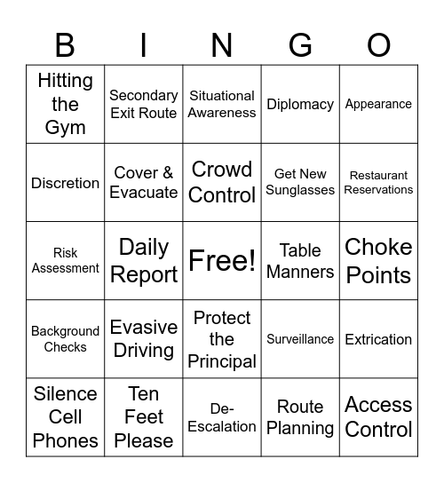 Bodyguard Bingo Card