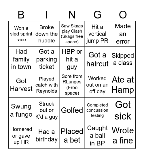 UMass Baseball Bingo Card