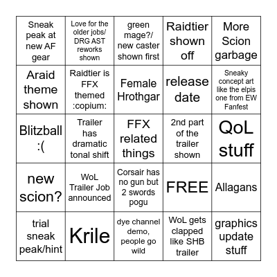FFXIV Fanfest Bingo Card