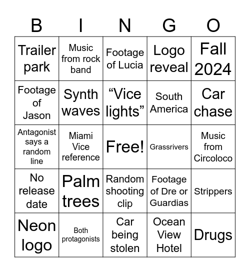 GTA VI Trailer Bingo by Garza Bingo Card