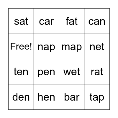 CVC short a and e Bingo Card