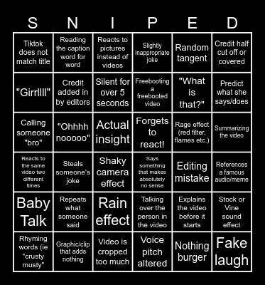 Sssniperwolf Bbbingo! Bingo Card