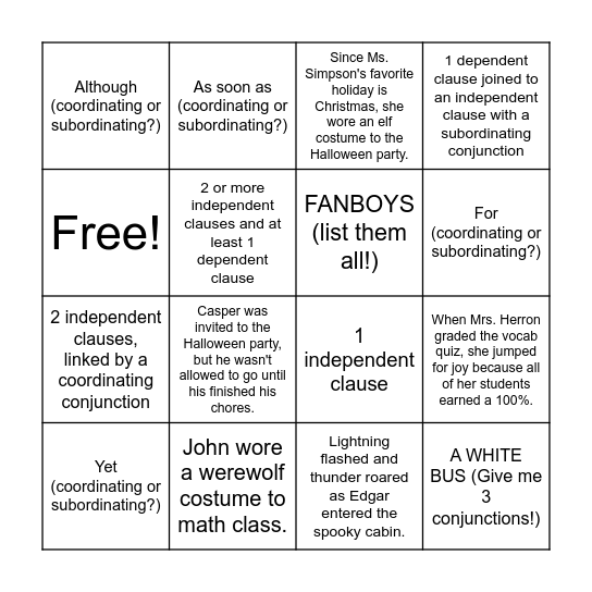 Sentence Types Bingo Card