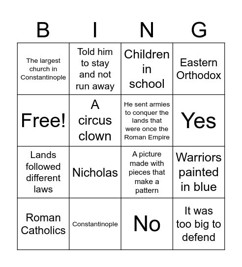 Byzantine Bingo Card