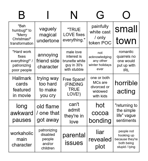 Hallmark Holiday Movie Bingo Card