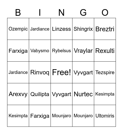 Advertised Meds Bingo Card