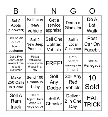 CAR SALES BINGO Card