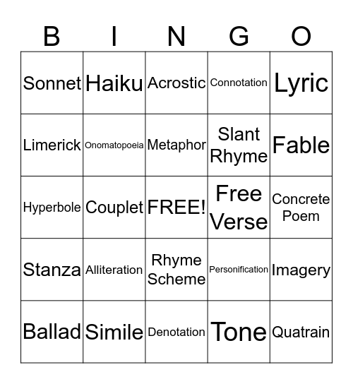 Figurative Lnaguage Bingo Card