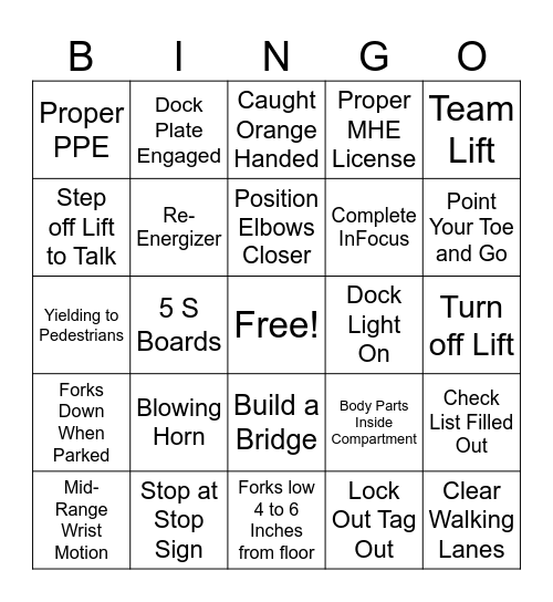 Safety Bingo Card