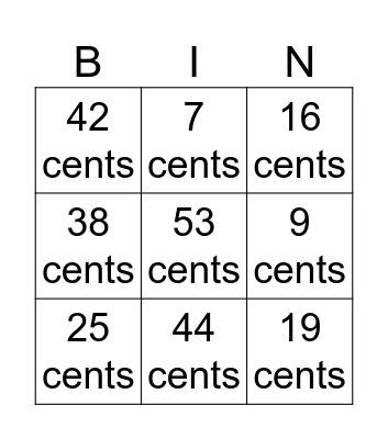 Counting Coins Bingo Card
