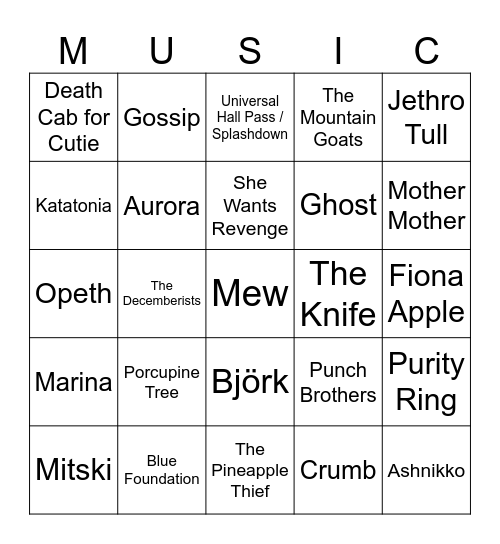 Bands Bingo Card