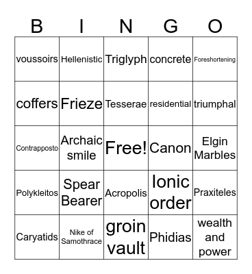 Greek and Roman Art Bingo Card