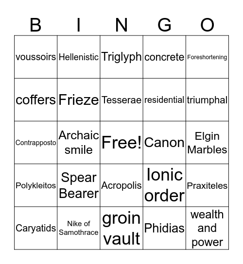 Greek and Roman Art Bingo Card