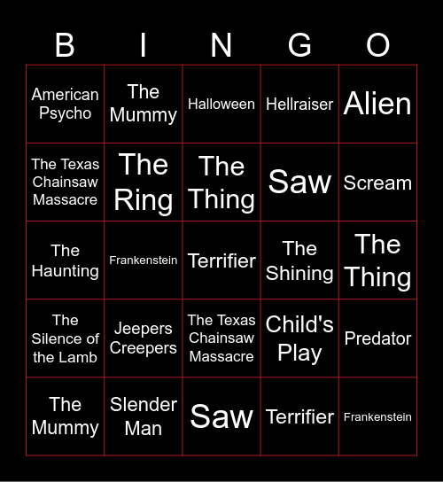 Horror Movie Bingo Card