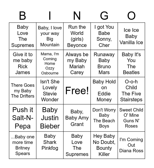Musical Baby Bingo Card