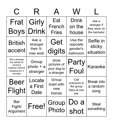 Pub Crawl Check List Bingo Card