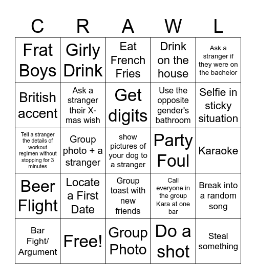 Pub Crawl Check List Bingo Card