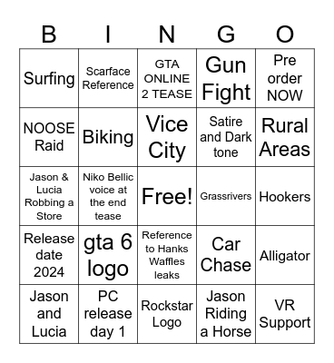 GTA VI Trailer bingo Crxzy Bingo Card