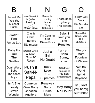 Baby Shower Musical Bingo Card