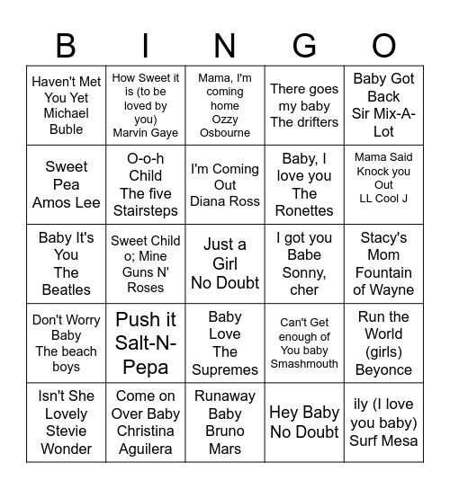 Baby Shower Musical Bingo Card