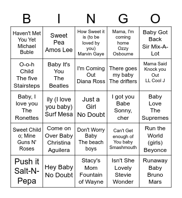 Baby Shower Musical Bingo Card