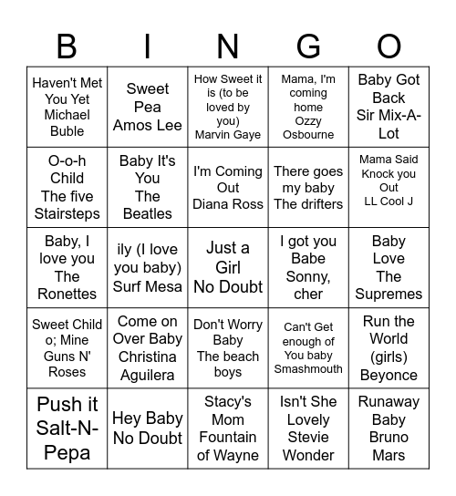 Baby Shower Musical Bingo Card