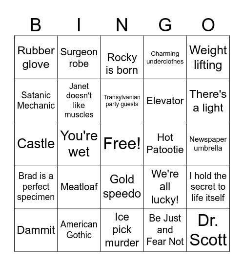 Rocky Horror Picture Show Act 1 Bingo Card