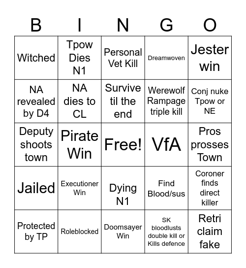 Town of Salem 2 Bingo Card Bingo Card