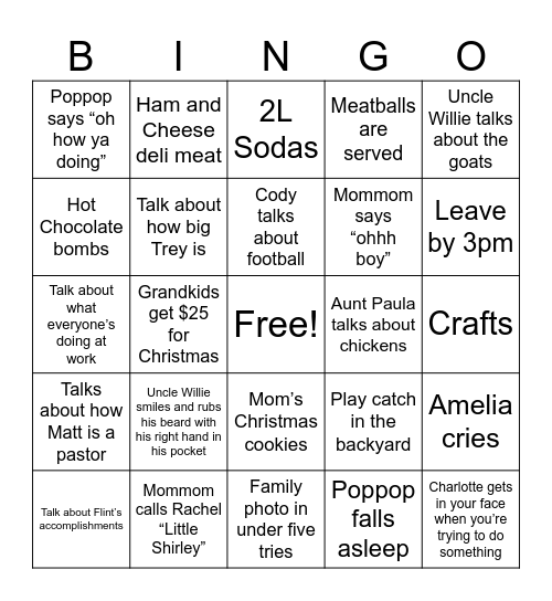 Gray Family Christmas Bingo Card